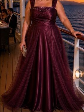 Women's Burgundy Satin Evening Dress with Sequin Neckline